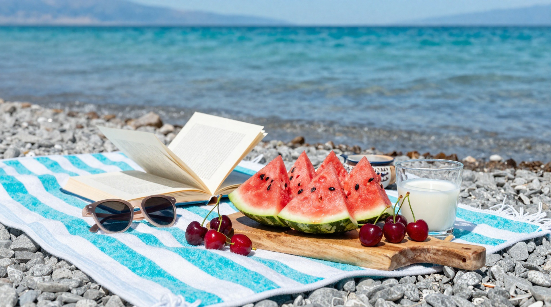 Берег озера Иссык-Куль летом, прозрачная бирюзовая вода и гладкие камни, на фоне горы Тянь-Шань.